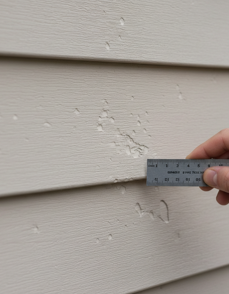Close-up of vinyl siding showing subtle hail damage and a ruler for scale.