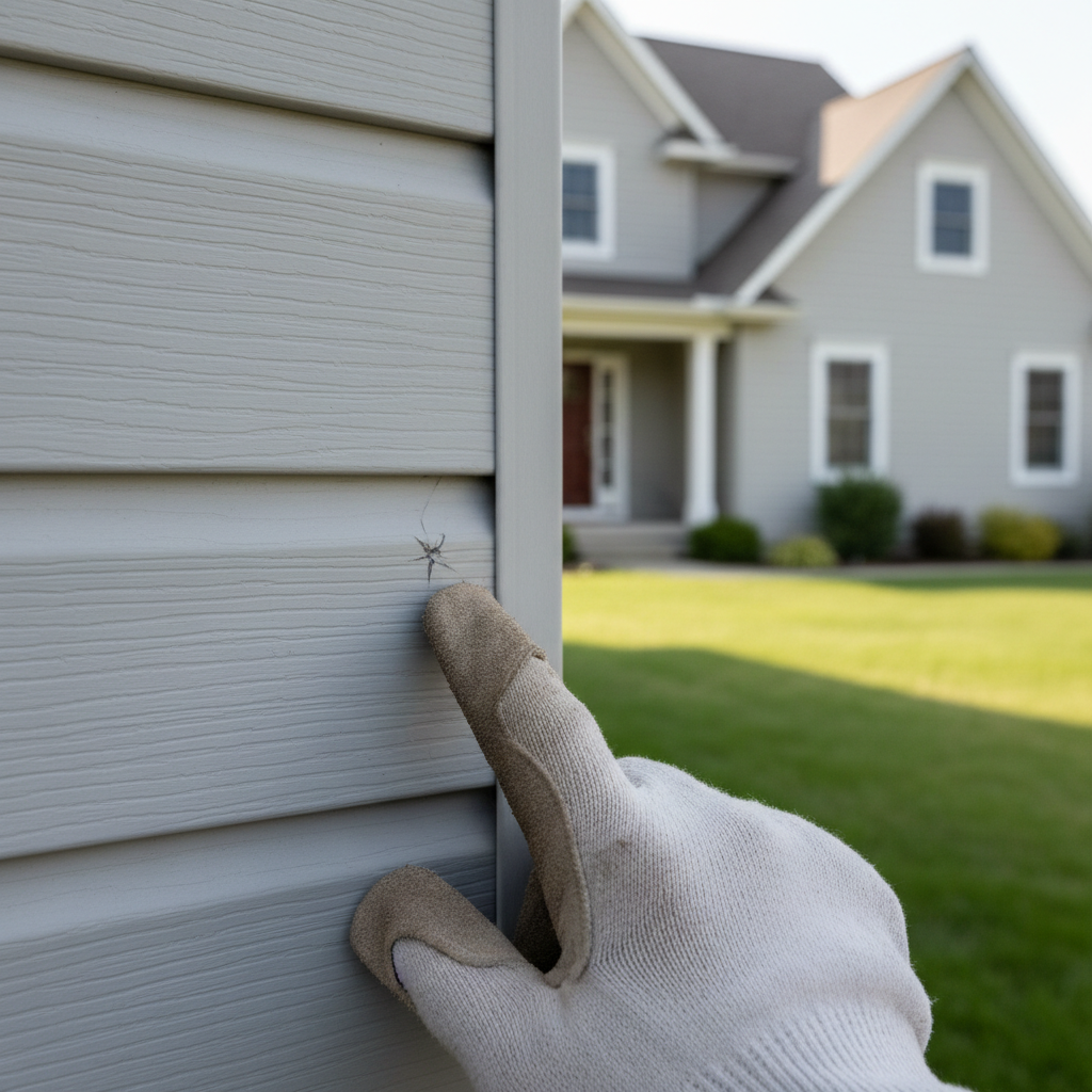 Homeowner inspecting vinyl siding for hail damage, pointing to a small crack.