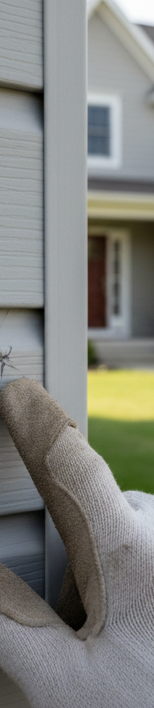 Homeowner inspecting vinyl siding for hail damage, pointing to a small crack.