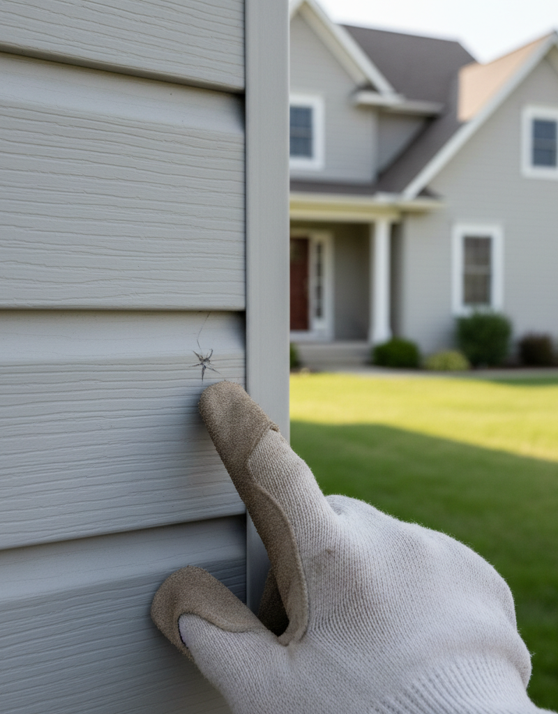 Homeowner inspecting vinyl siding for hail damage, pointing to a small crack.
