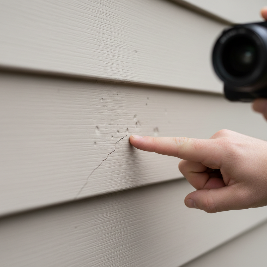 Homeowner inspecting vinyl siding with hail damage