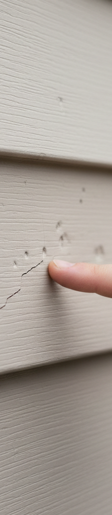 Homeowner inspecting vinyl siding with hail damage
