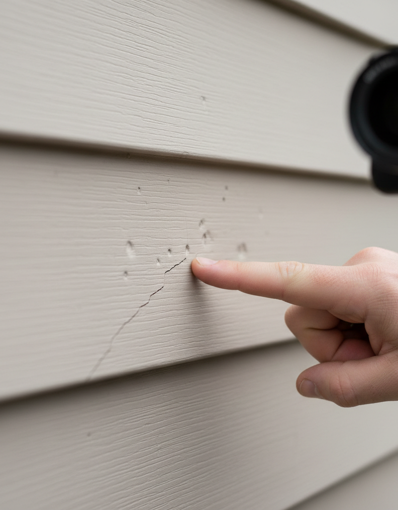 Homeowner inspecting vinyl siding with hail damage
