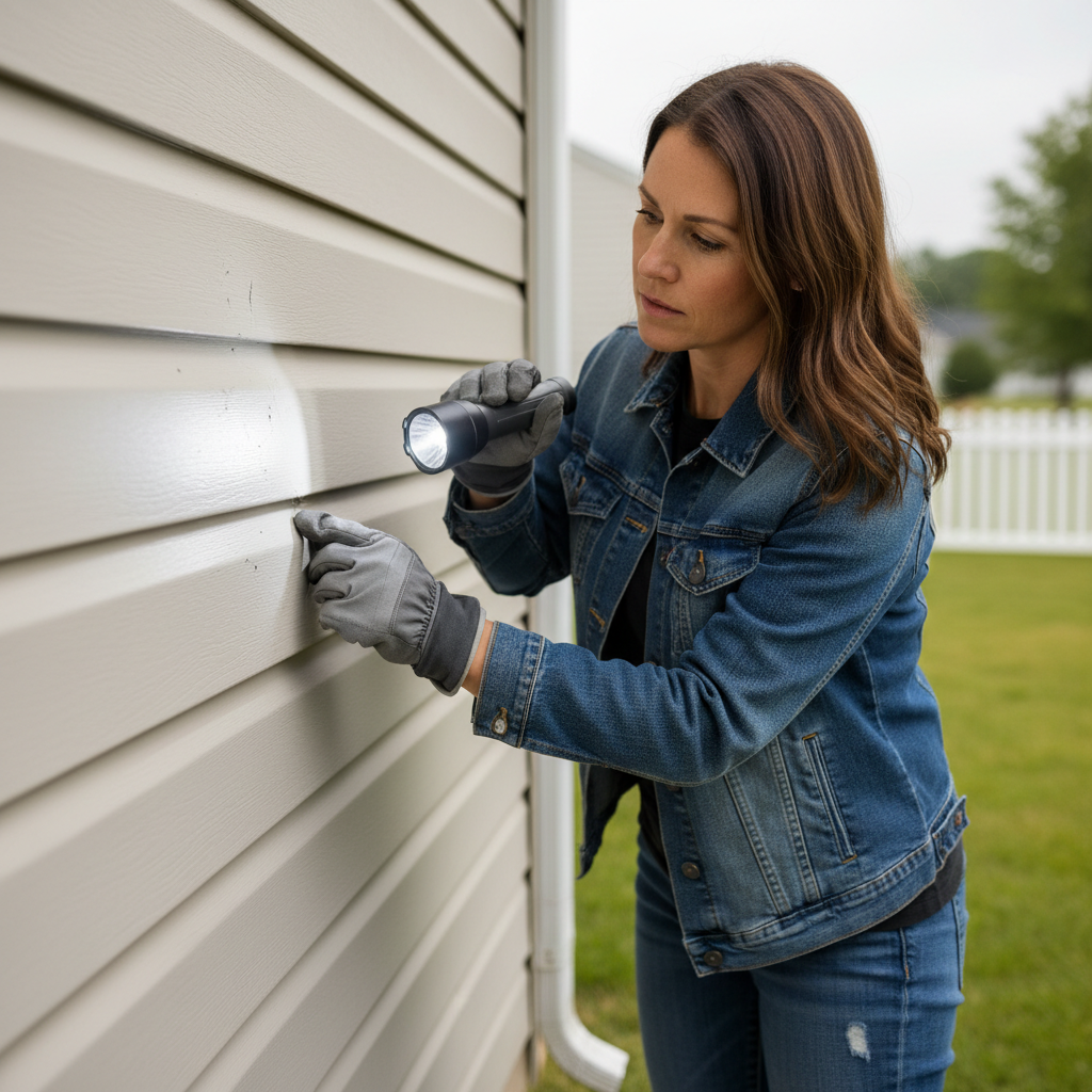 Homeowner inspecting vinyl siding for subtle hail damage with a focused expression.