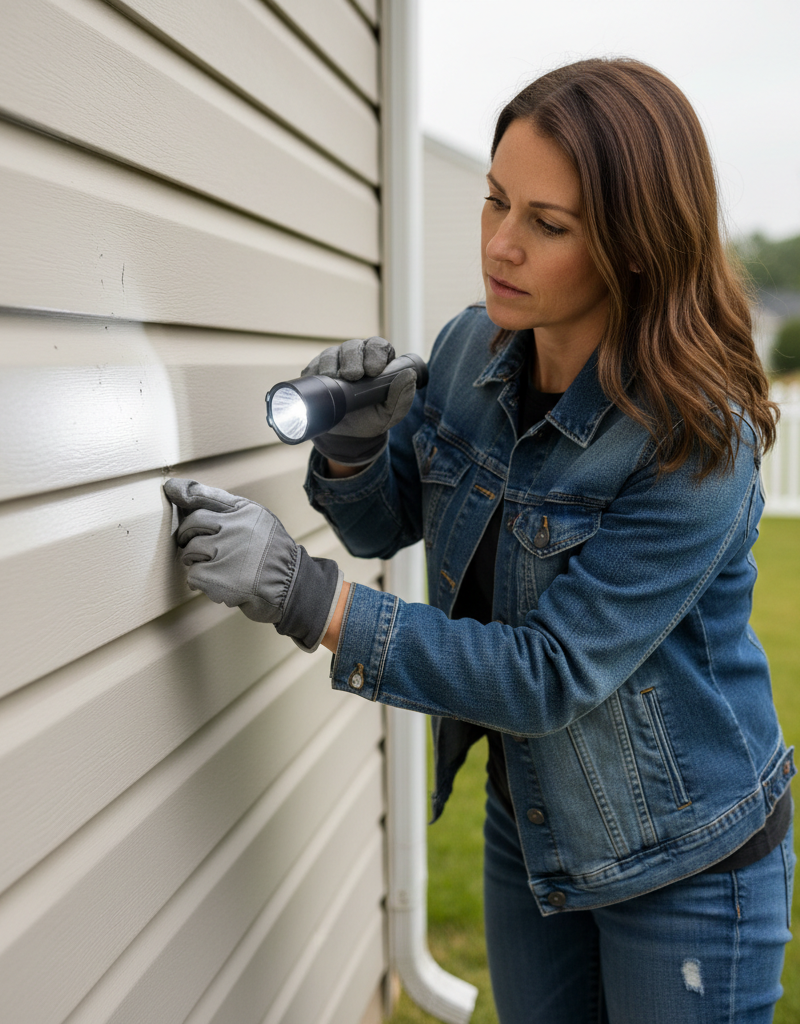 Homeowner inspecting vinyl siding for subtle hail damage with a focused expression.