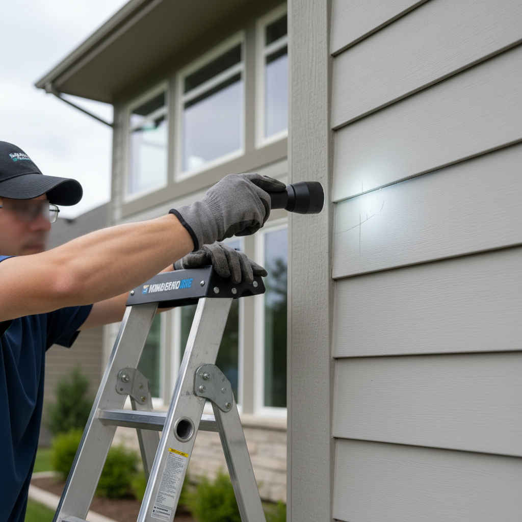 Homeowner on a ladder inspecting vinyl siding for hidden hail damage with a flashlight.