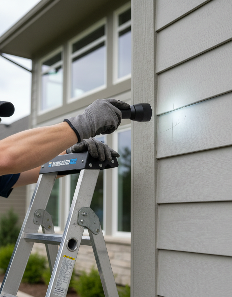 Homeowner on a ladder inspecting vinyl siding for hidden hail damage with a flashlight.