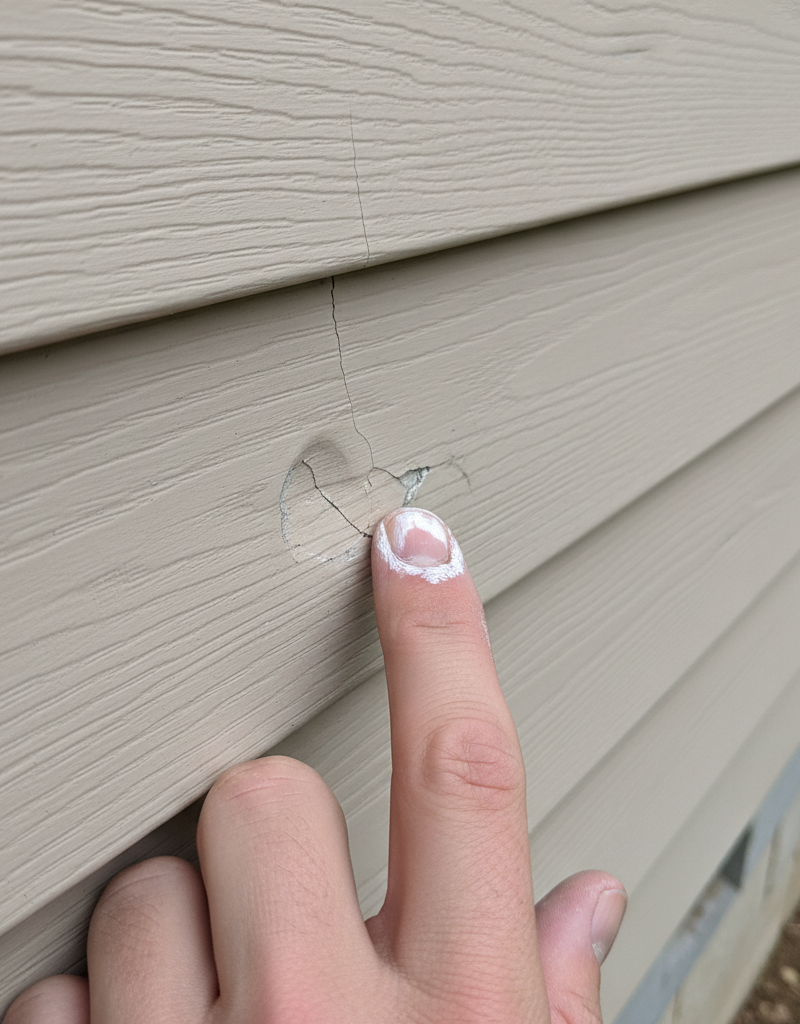 Close-up of hail-damaged vinyl siding with chalk marks on dents and cracks.