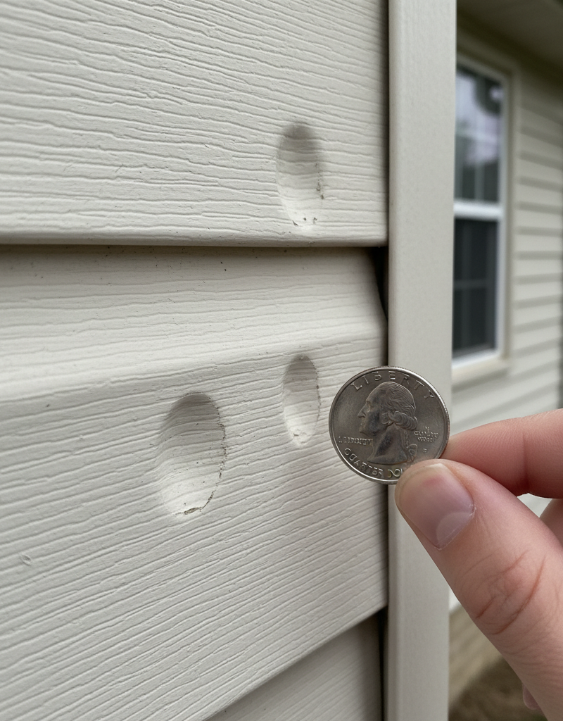 Close-up of hail damage on vinyl siding with a quarter for scale, showing clear impact dents.