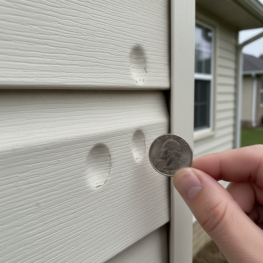 Close-up of hail damage on vinyl siding with a quarter for scale, showing clear impact dents.