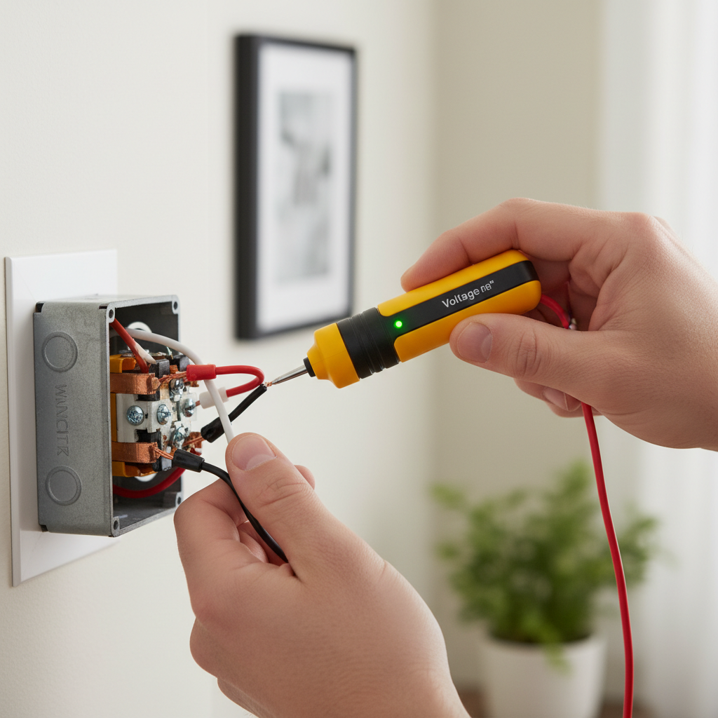 Homeowner testing an electrical outlet with a non-contact voltage tester to fix a half-dead outlet.