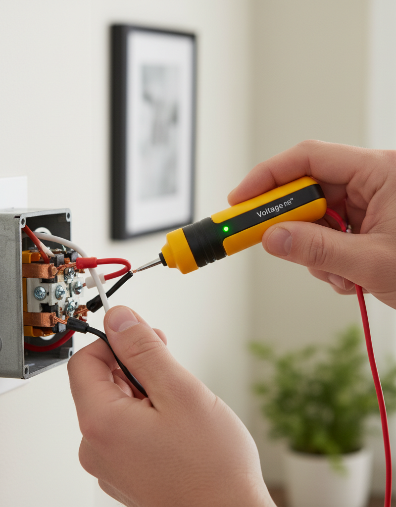 Homeowner testing an electrical outlet with a non-contact voltage tester to fix a half-dead outlet.