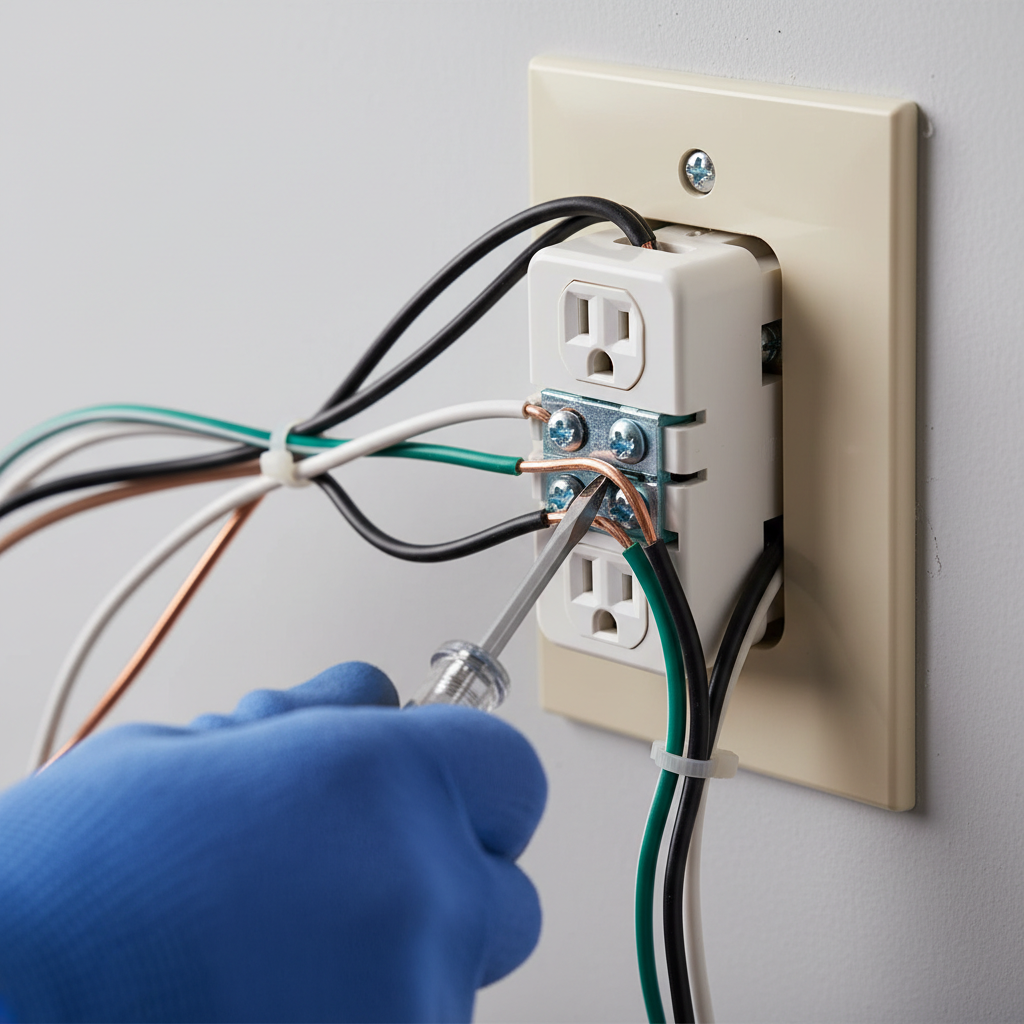 Hand tightening a wire connection on the side of a pulled-out electrical outlet with a screwdriver, illustrating a common fix for a half-dead outlet.