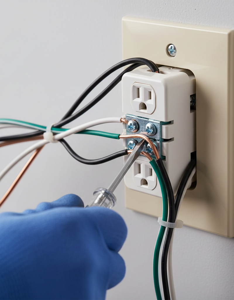 Hand tightening a wire connection on the side of a pulled-out electrical outlet with a screwdriver, illustrating a common fix for a half-dead outlet.
