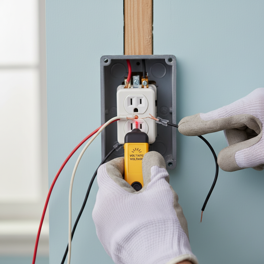 Homeowner testing an electrical outlet with a voltage tester, checking for loose wires inside the box.