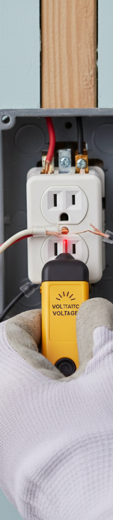 Homeowner testing an electrical outlet with a voltage tester, checking for loose wires inside the box.