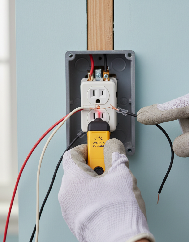 Homeowner testing an electrical outlet with a voltage tester, checking for loose wires inside the box.