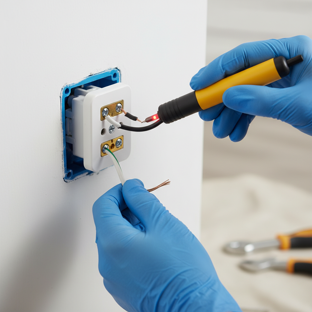 Homeowner safely inspecting wiring on a partially pulled-out electrical outlet with a voltage tester.
