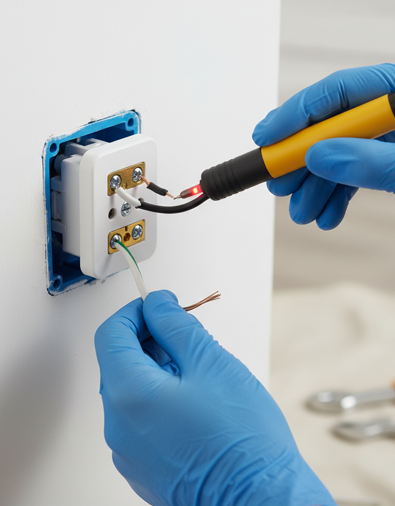 Homeowner safely inspecting wiring on a partially pulled-out electrical outlet with a voltage tester.