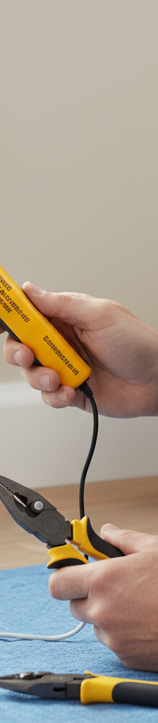 Homeowner testing a wall outlet with a non-contact voltage tester, cover plate removed