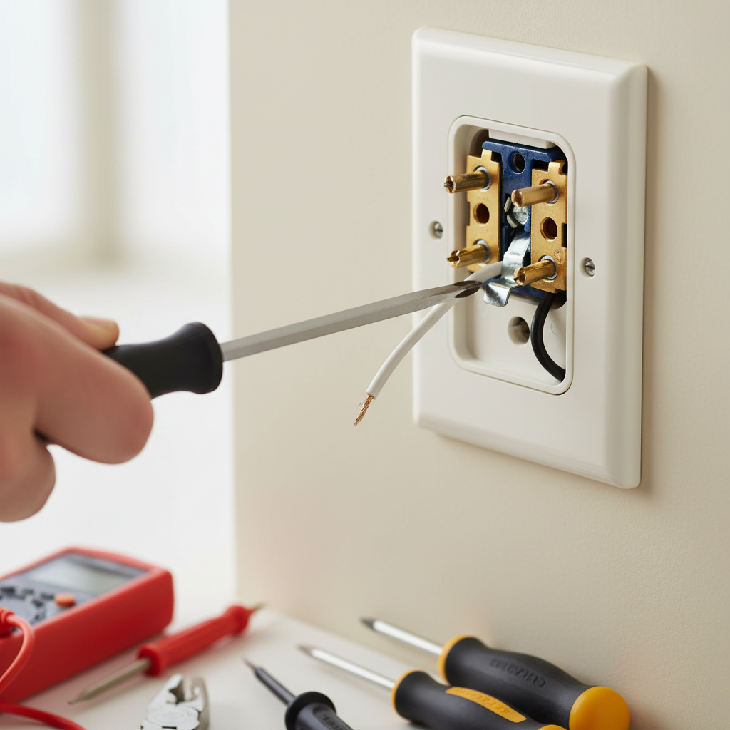 Homeowner safely troubleshooting a half-working electrical outlet, checking wiring connections.