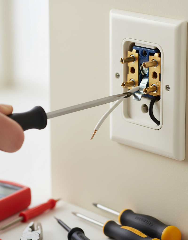 Homeowner safely troubleshooting a half-working electrical outlet, checking wiring connections.
