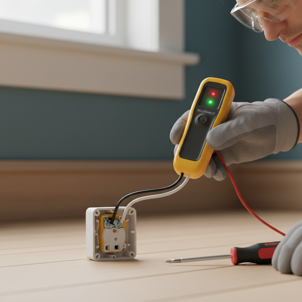 Homeowner testing a partially disassembled electrical outlet with a non-contact voltage tester.