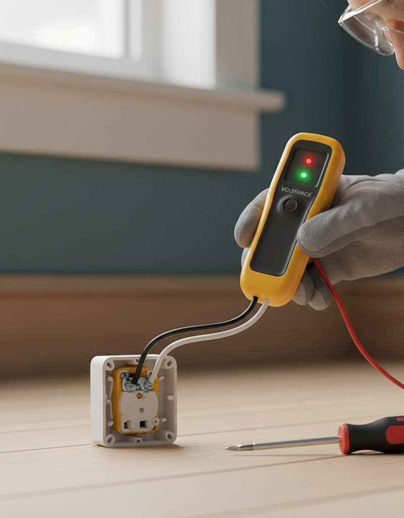 Homeowner testing a partially disassembled electrical outlet with a non-contact voltage tester.