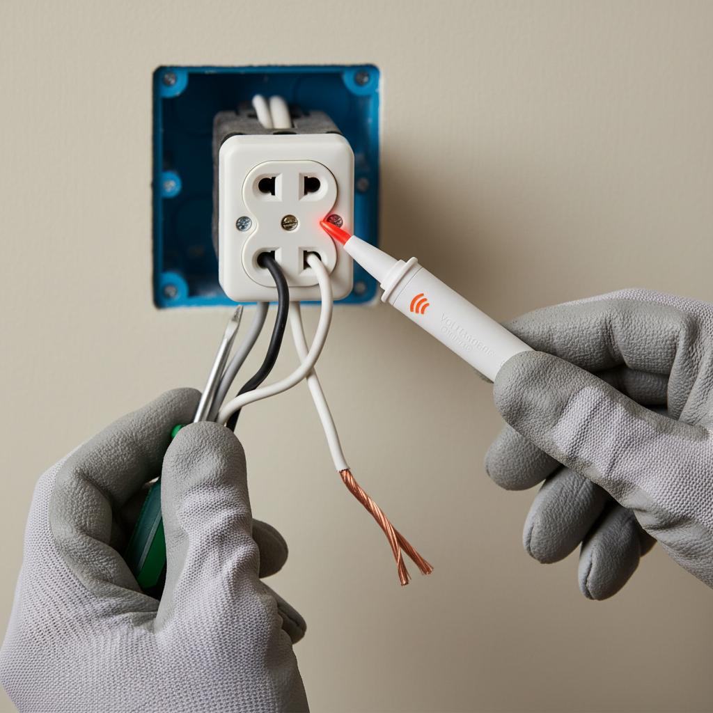 Homeowner safely checking electrical outlet wires with a non-contact voltage tester