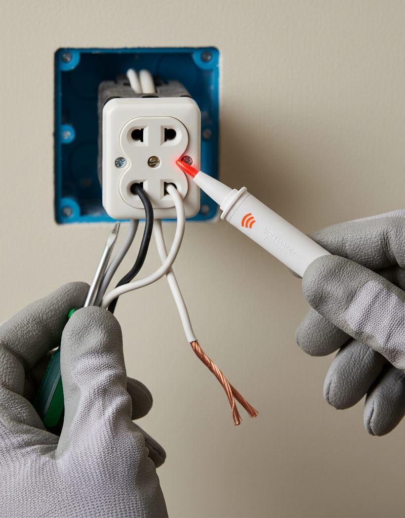 Homeowner safely checking electrical outlet wires with a non-contact voltage tester