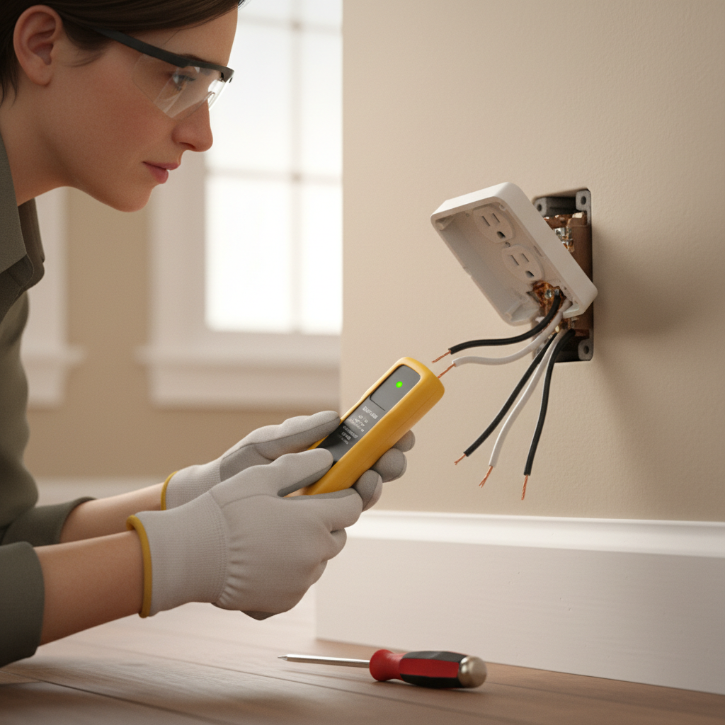 Homeowner using a voltage tester to check wires on a partially removed electrical outlet.