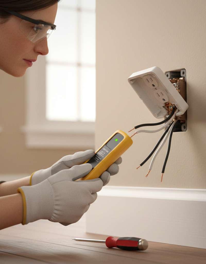 Homeowner using a voltage tester to check wires on a partially removed electrical outlet.