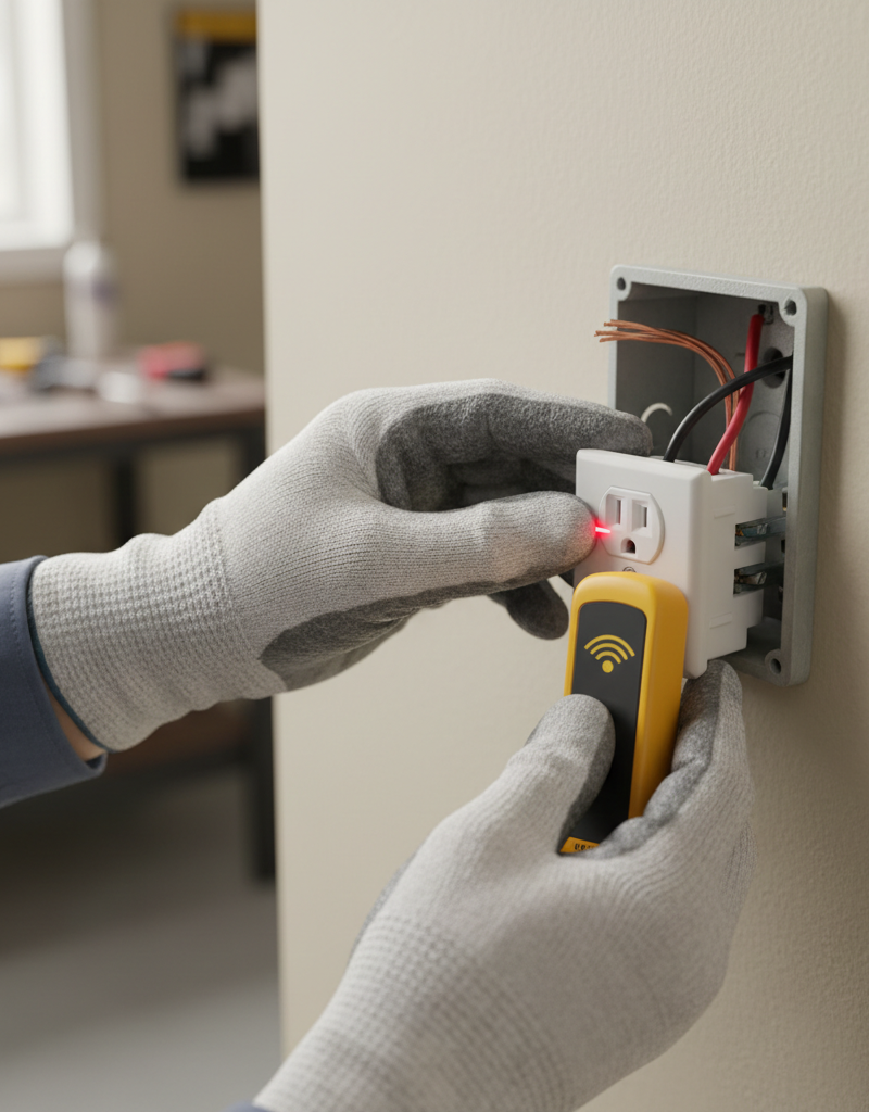 Homeowner using a non-contact voltage tester to check a partially working electrical outlet with the faceplate removed