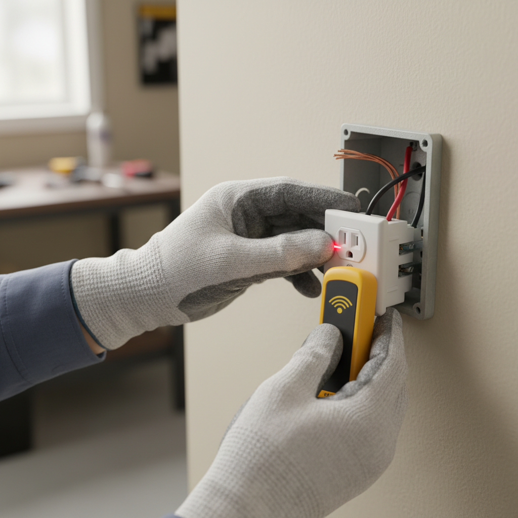 Homeowner using a non-contact voltage tester to check a partially working electrical outlet with the faceplate removed