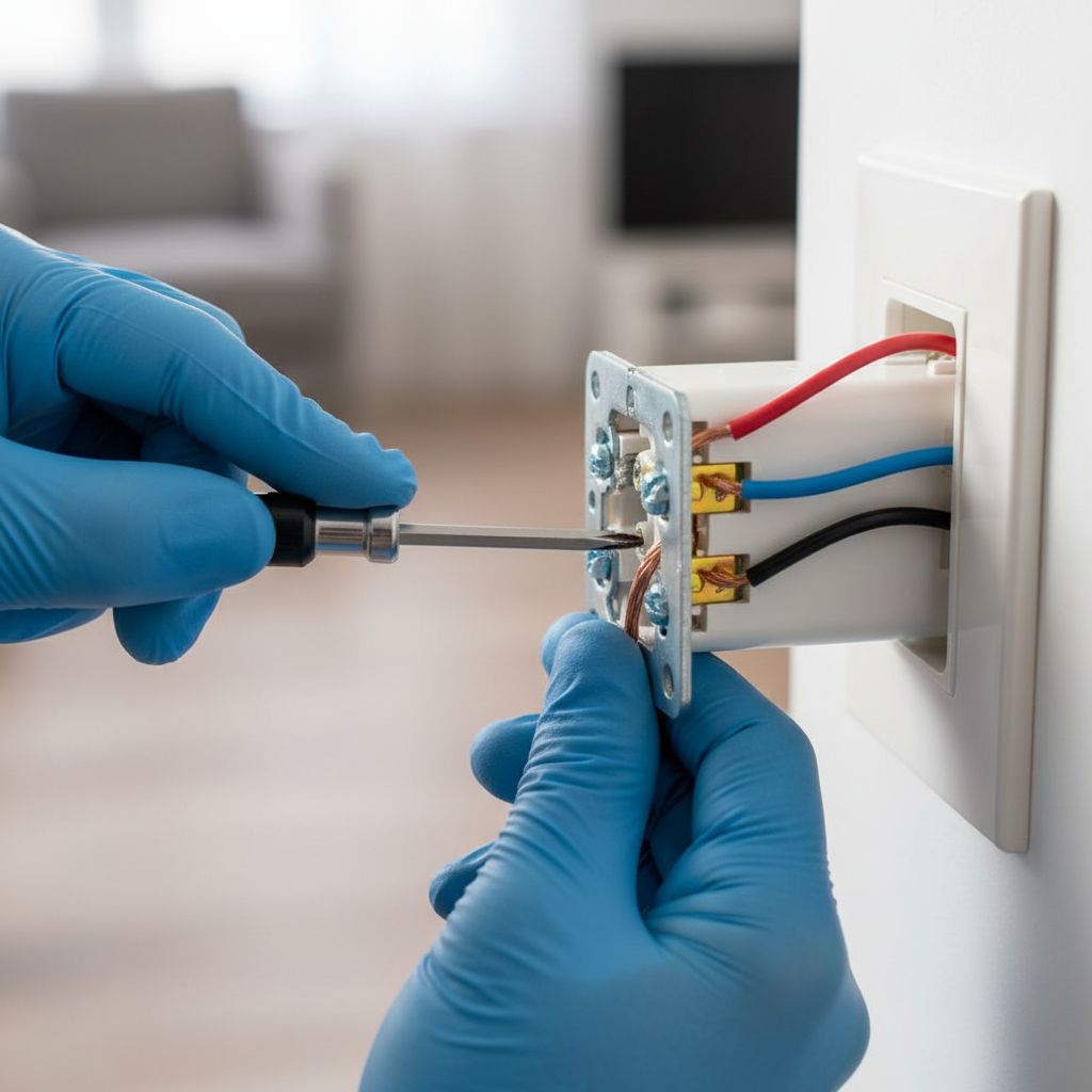 Close-up of homeowner tightening a wire on a partially removed electrical outlet, fixing a half-working issue.