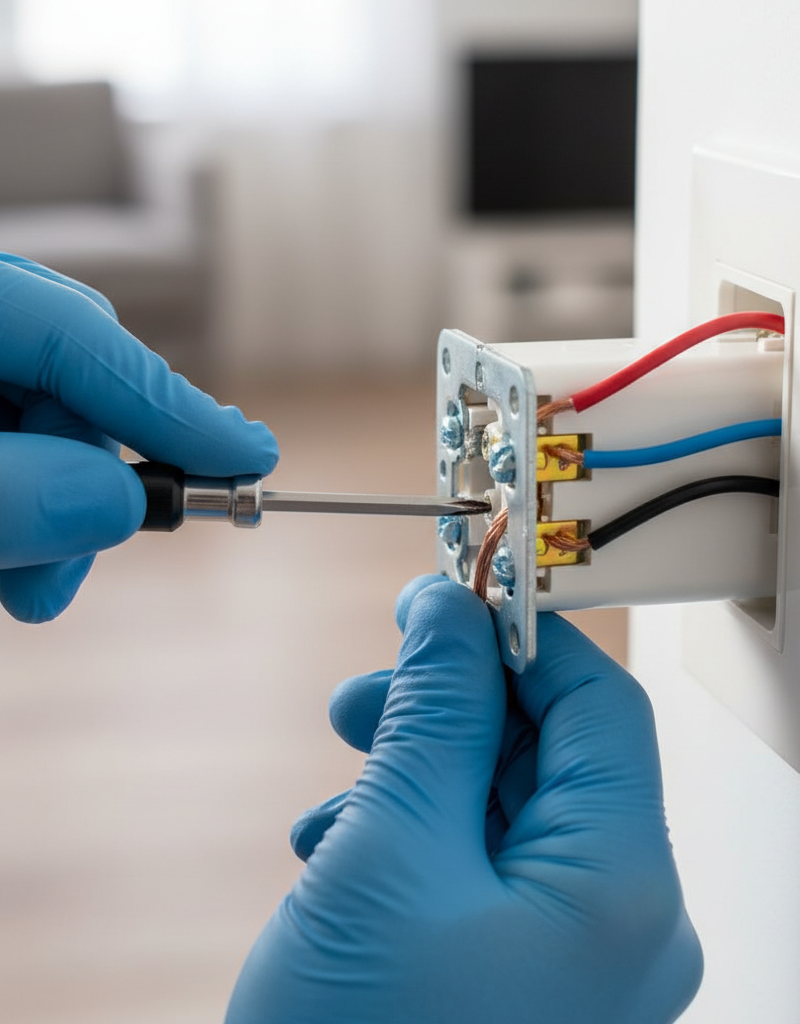 Close-up of homeowner tightening a wire on a partially removed electrical outlet, fixing a half-working issue.