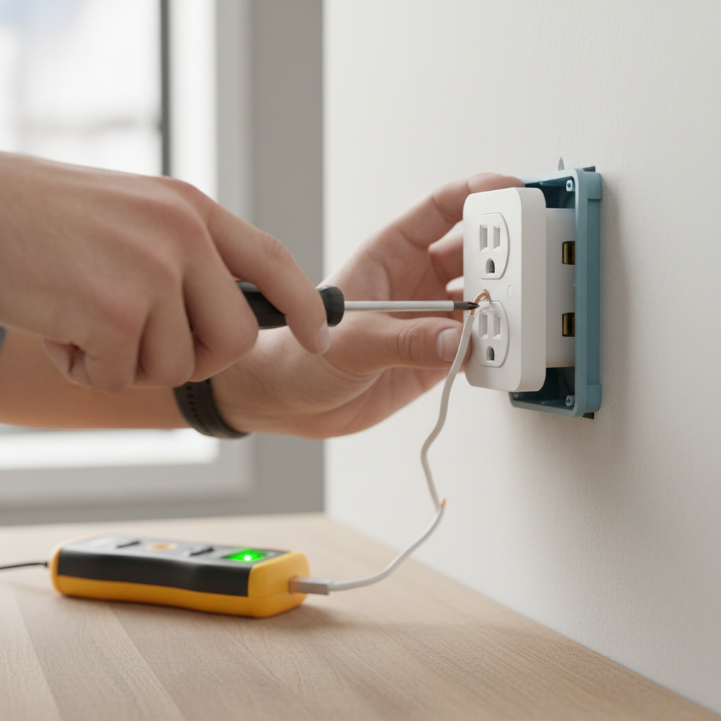 Homeowner tightening a wire on a partially removed electrical outlet, fixing a half-dead receptacle.