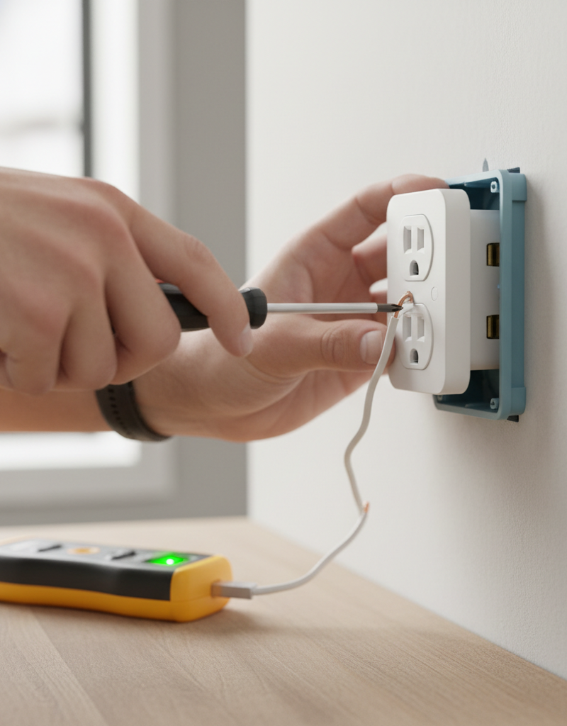 Homeowner tightening a wire on a partially removed electrical outlet, fixing a half-dead receptacle.