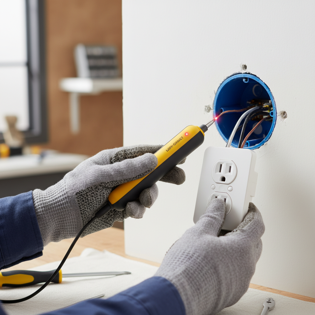Homeowner testing an electrical outlet with a non-contact voltage tester, showing wires pulled out of the wall.