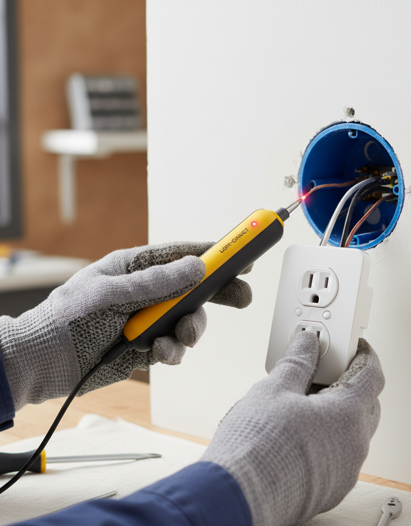 Homeowner testing an electrical outlet with a non-contact voltage tester, showing wires pulled out of the wall.