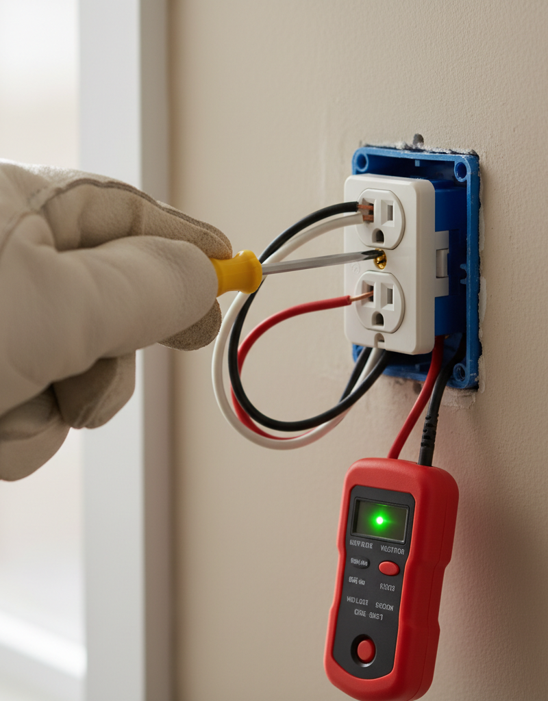 Homeowner tightening a wire on a half-working electrical outlet's terminal with a screwdriver.
