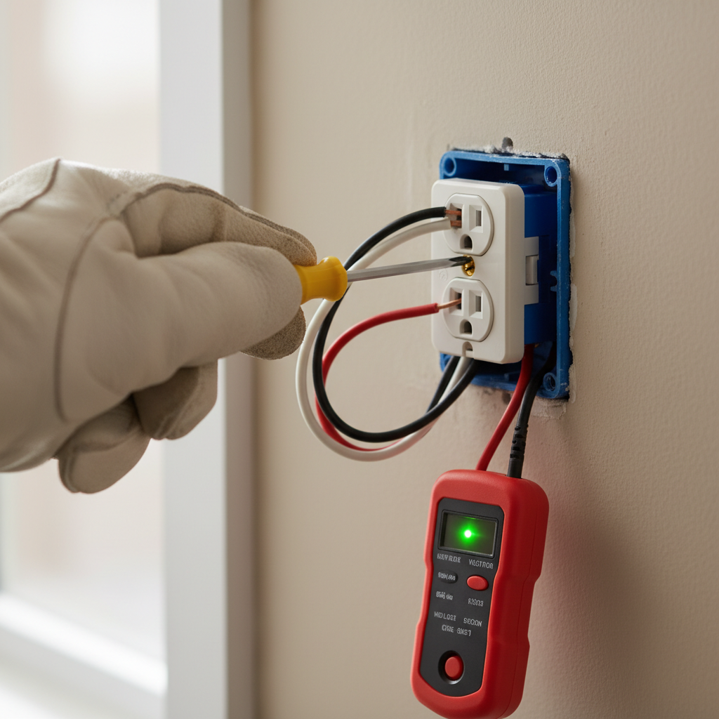 Homeowner tightening a wire on a half-working electrical outlet's terminal with a screwdriver.