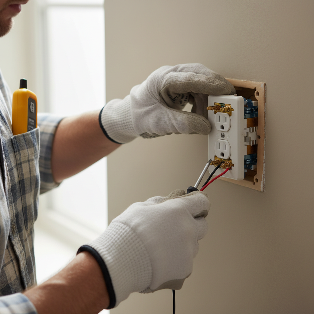 Homeowner inspecting electrical outlet wiring to diagnose why only one half works, showing screwdriver and non-contact voltage tester.