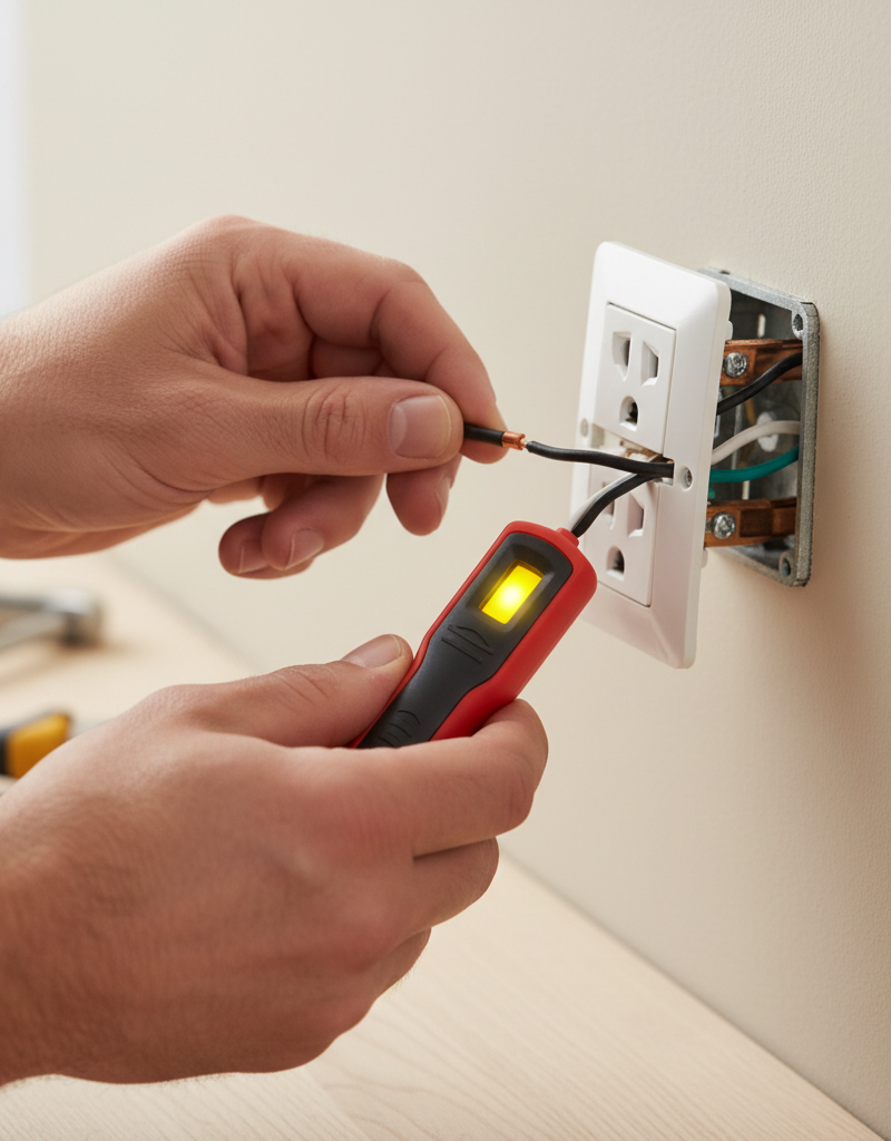 Homeowner testing an electrical outlet with a non-contact voltage tester, showing a safe approach to fixing the problem.
