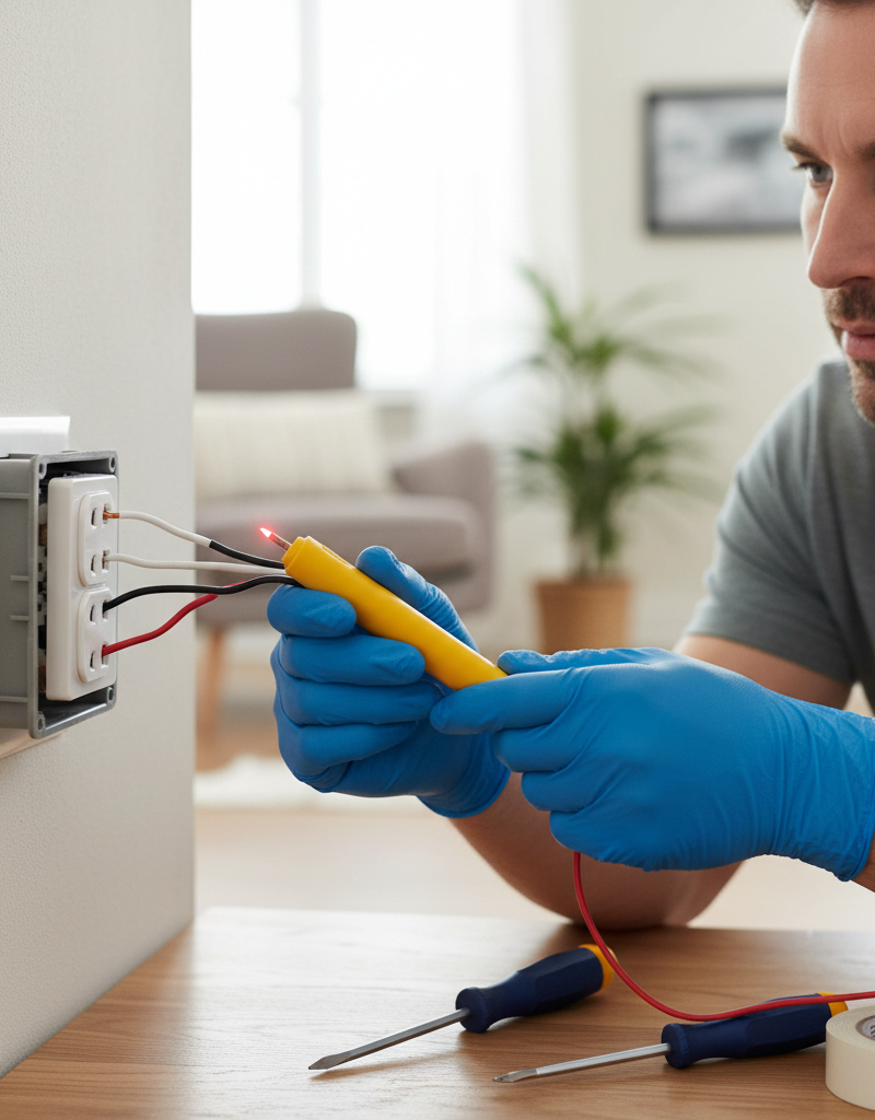 Man troubleshooting a half-working electrical outlet, checking wires with a voltage tester.