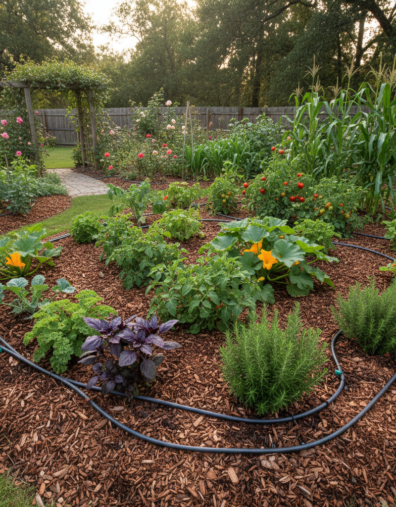 A vibrant, low-maintenance garden with drip irrigation and thick mulch.