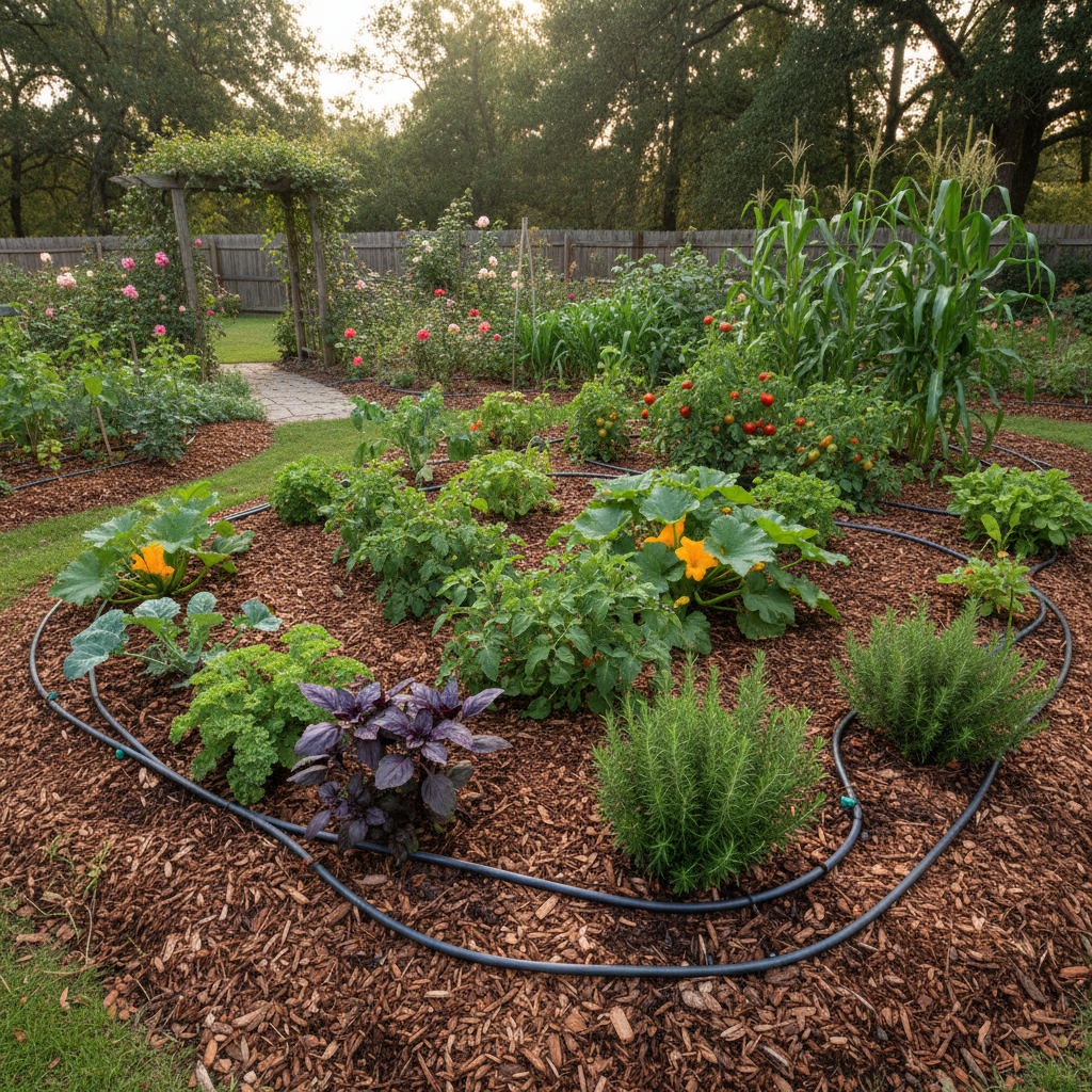 A vibrant, low-maintenance garden with drip irrigation and thick mulch.