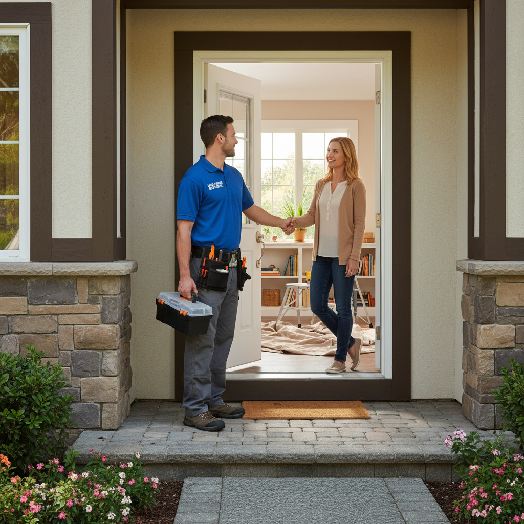 Homeowner warmly greeting a handyman at the front door, ready for a repair.
