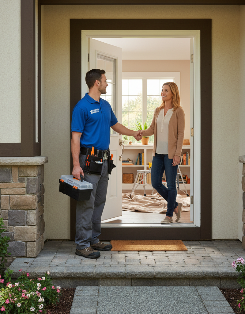 Homeowner warmly greeting a handyman at the front door, ready for a repair.
