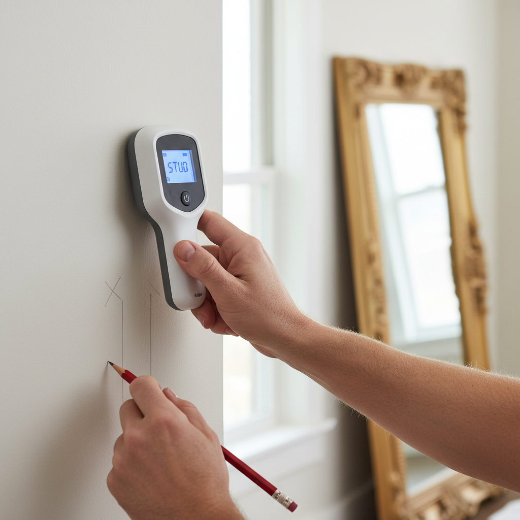 Homeowner using a stud finder to locate wall studs before hanging a heavy mirror on drywall.